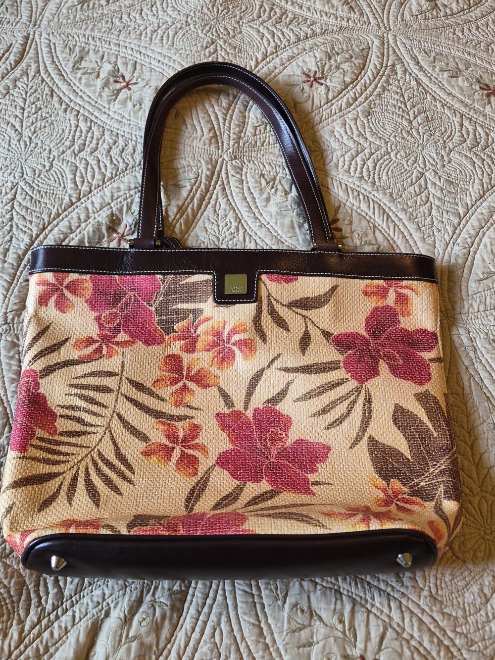 Franco Sarto NWOT Floral Canvas Tote Bag with Dark Brown Trim